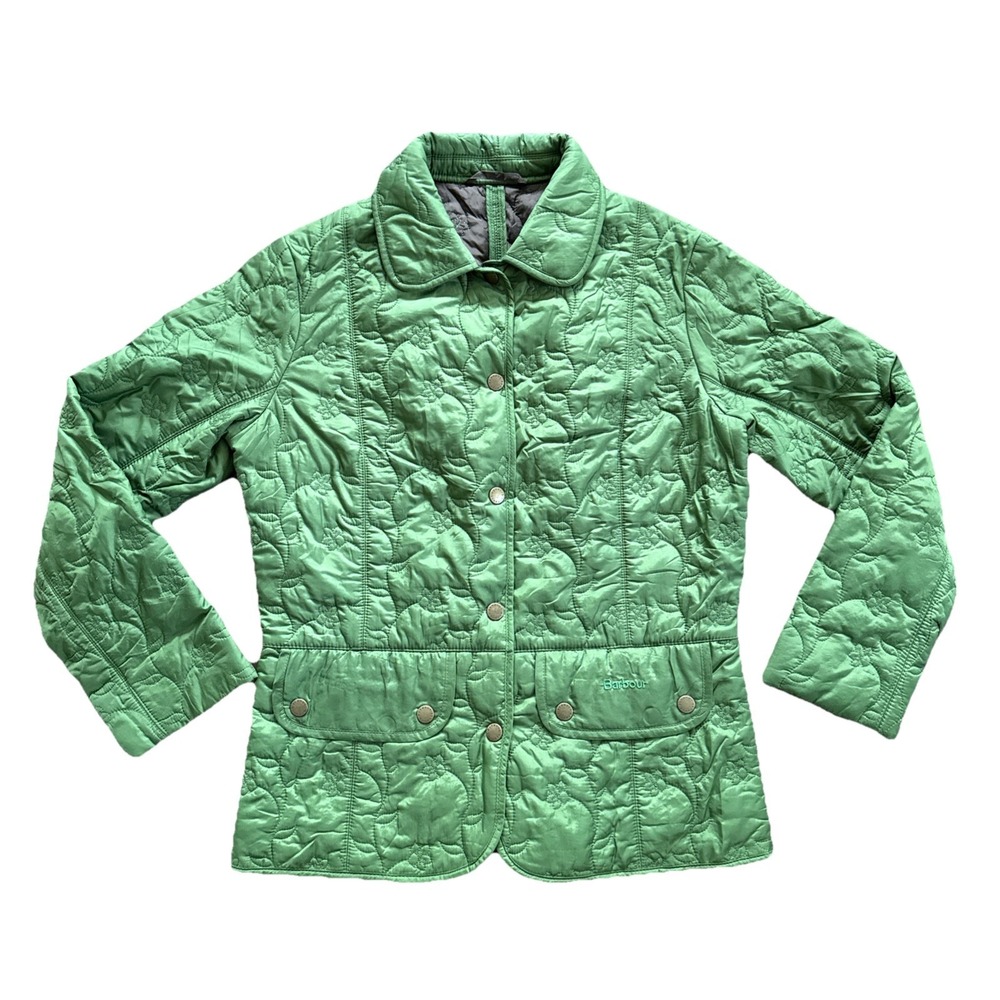 Barbour Quilted Jacket Womens 4 Green Floral Embroidered Snap Front
